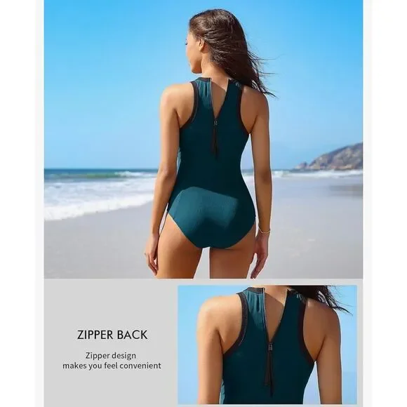 Charmo Women One Piece Swimsuit Zipper Back Ribbed Swimwear Sporty Racerback M - Picture 2 of 8